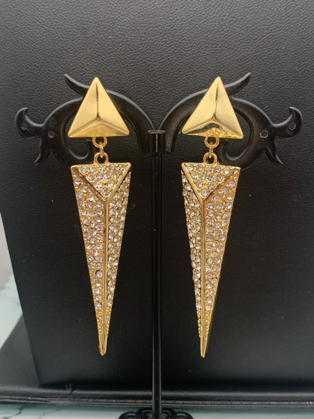 Gold tone Art deco style Spike Drop pierced Earrings Rhinestone Triangle Accent